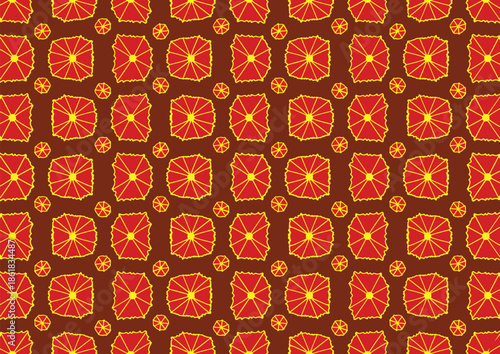Vibrant geometric pattern of interconnected orange, yellow, and brown shapes on a seamless background texture.