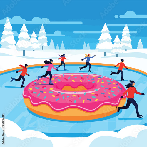 People skating on donut ice rink.