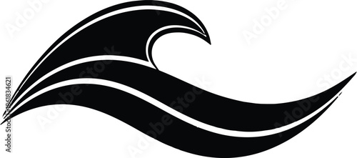 A minimalist black-and-white vector of a stylized cresting wave. Its sharp, sweeping curves and fluid silhouette create a dynamic sense of motion, perfect for modern coastal branding.