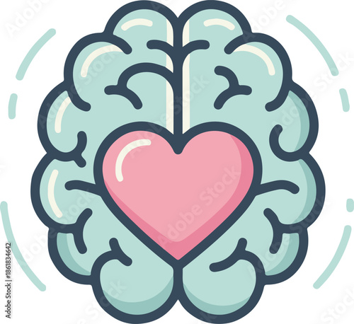 A colorful flat line vector of a human brain with a pink heart at its center. This illustration symbolizes emotional intelligence, mental health, and the connection between logic and emotion.
