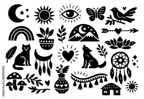 Hand drawn boho mystical elements set featuring celestial, animal, and nature symbols for spiritual and creative design