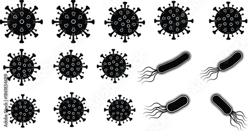 Virus and bacteria microorganisms icons set, infectious disease and microbiology concepts, medical science symbols, black and white vector illustration for healthcare education