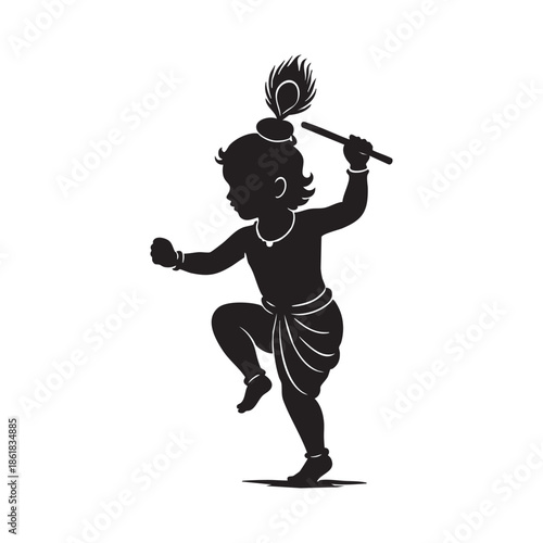 Krishna plays flute while standing in silhouette