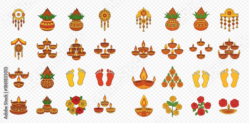 Set of traditional Indian Diwali festival elements including lamps, pots, and auspicious symbols.