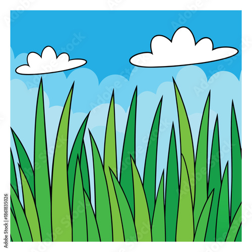 Fresh green spring meadow grass sways under soft sunlight, dotted with wild blooms, morning dew sparkling as a gentle breeze brings the scent of new life.
