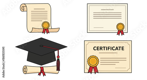 A collection of graduation certificates and diplomas with a mortarboard hat