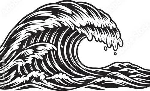 A highly detailed black-and-white vector illustration of a powerful, curling ocean wave. The intricate line work creates deep texture and a classic woodcut or engraved aesthetic.