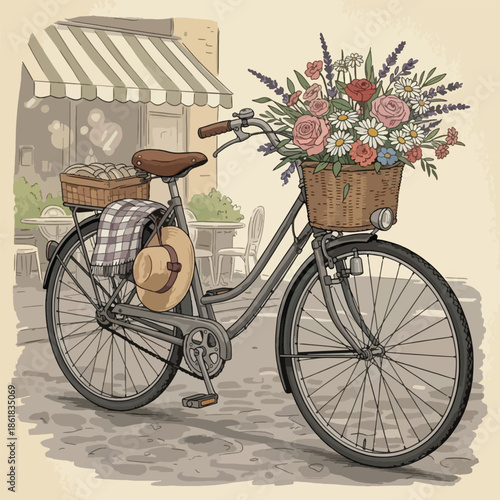 Vintage bicycle with flower basket.