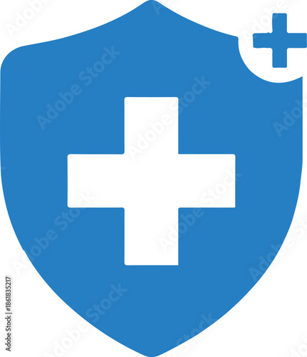 Blue shield icon with a white medical cross and an additional plus symbol. Represents health insurance, medical protection, safety, and secure healthcare services.