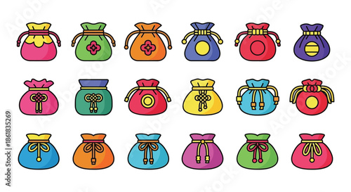 A colorful illustration of various cartoon money bags with different designs