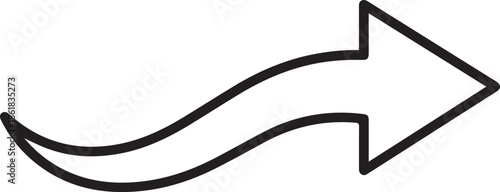 A minimalist black-and-white vector of a curved, right-pointing arrow with a bold outline. The fluid, wavy stem conveys direction, movement, and a sense of progress or transition.
