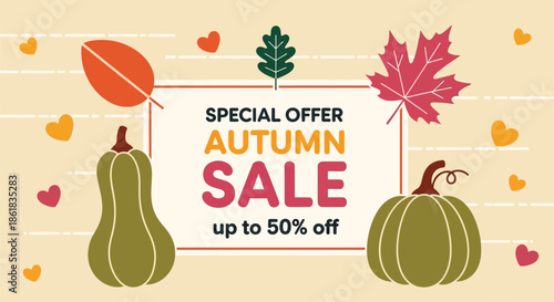 A colorful autumn sale advertisement with pumpkins and leaves on a beige background