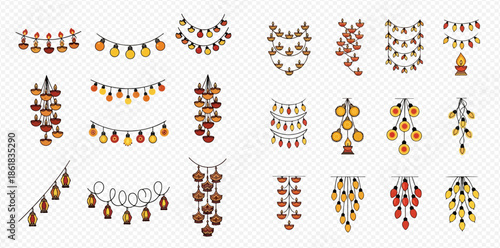 Set of various traditional Indian Diwali oil lamps and string lights for festive decoration.