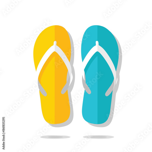 A pair of colorful, flat-designed flip-flops, yellow and turquoise