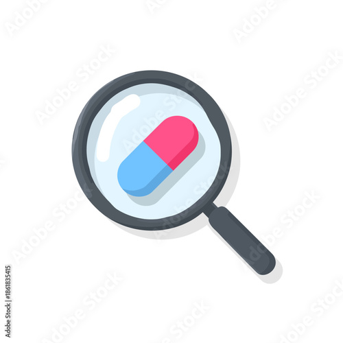 A pill capsule being examined under a magnifying glass