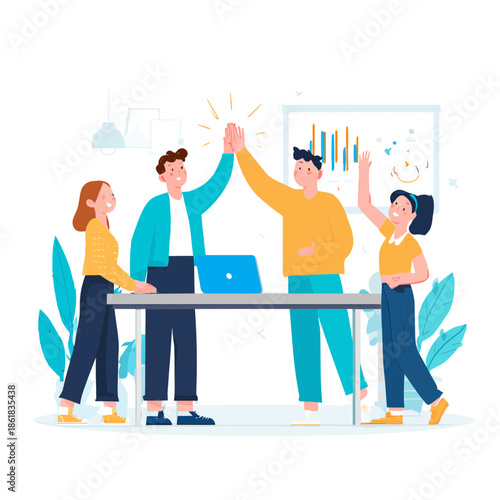 A team giving high fives after accomplishing a project