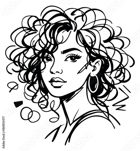 Hand drawn line art illustration of a woman depicting curly hair and a confident gaze for beauty and personal style