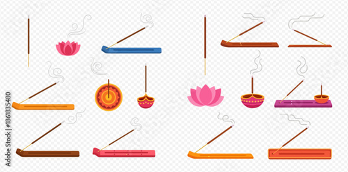 Set of aromatic incense sticks and holders with smoke, lotus flower, and oil lamps for meditation and spiritual practices.