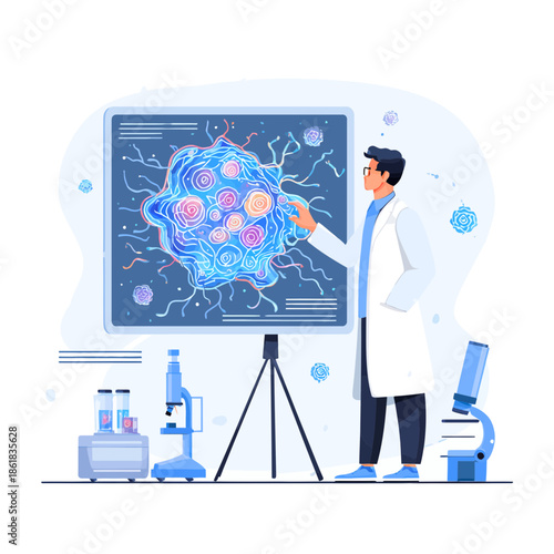 Quadro su tela Scientist in a lab observing and pointing at cell structure