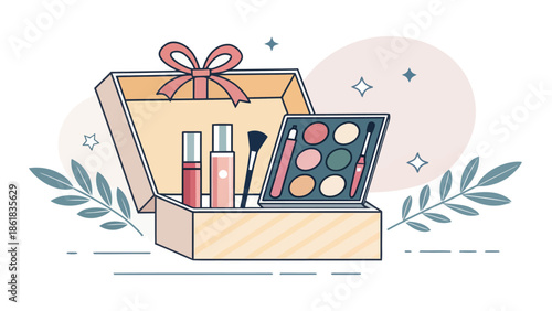 Gift box with makeup and beauty products inside