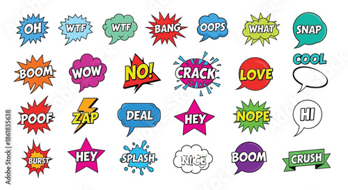A colorful collection of comic book speech bubbles and exclamations