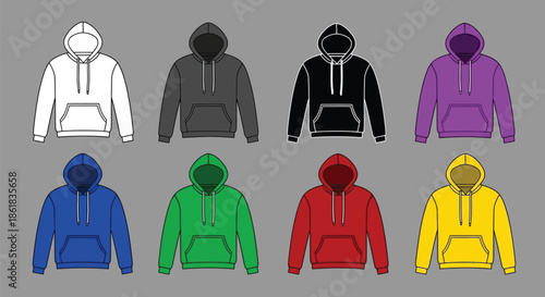 A colorful collection of hooded sweatshirts in various vibrant colors and styles