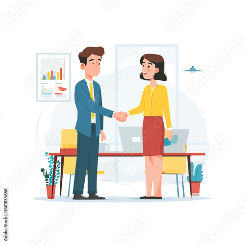 Two business partners shaking hands inside an office