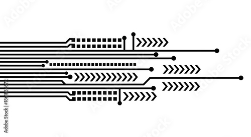 A black and white illustration of circuit board lines and arrows