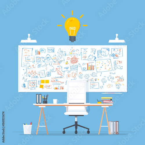 Whiteboard With Ideas and Desk Showing Conceptual Thoughts