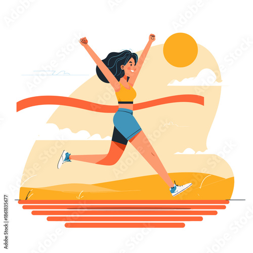 Woman celebrating victory after crossing finish line in marathon