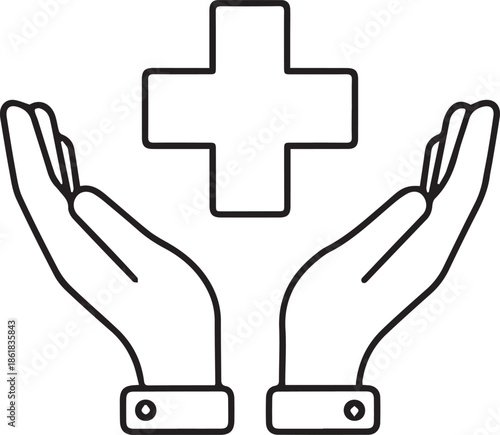 Minimalist line art vector featuring two hands cupping a medical cross. Represents healthcare, protection, first aid, and humanitarian support.