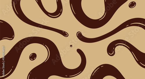 A close-up view of chocolate sauce swirling on a beige surface