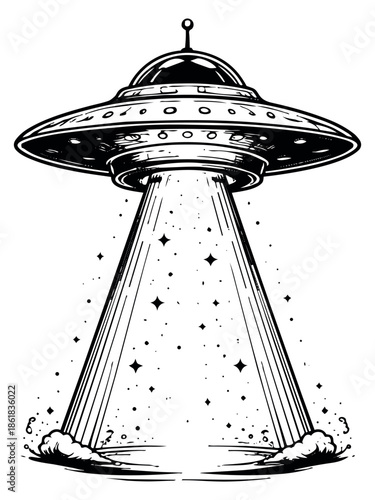 Hand drawn illustration of a flying saucer depicting an energy beam for science fiction concepts