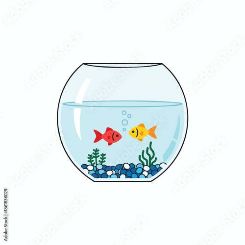Two colorful cartoon fish in a glass bowl with bubbles, plants, and blue stones