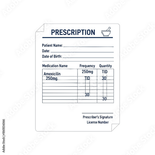 A medical prescription form displays patient info, medication details, and signature area