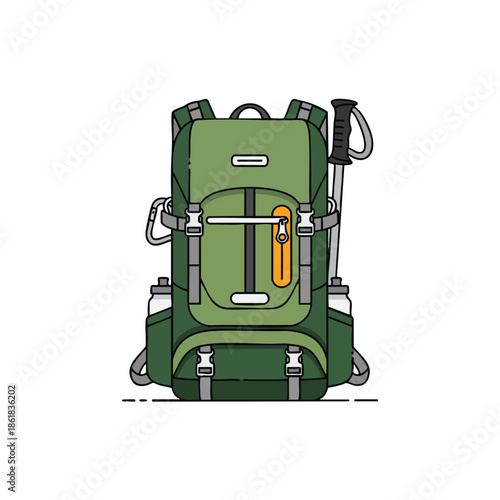 An illustrated green and gray hiking backpack with trekking poles and water bottles