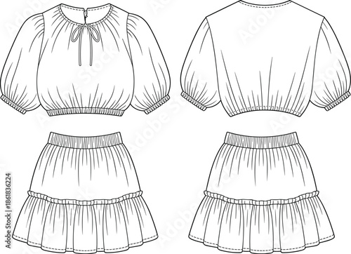 Cute puff sleeve crop top and ruffle skirt set vector illustration showing front and back views fashion technical drawing