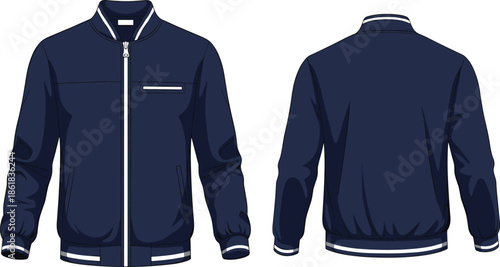 Classic bomber jacket vector illustration showing front and back views with zipper closure ribbed collar cuffs modern casual fashion apparel