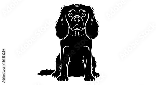 A black and white illustration of a sitting dog with a long coat