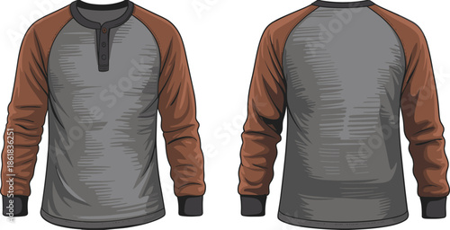 Raglan sleeve henley shirt vector illustration showing front and back views with long sleeves casual men fashion apparel design