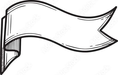 A classic black and white hand-drawn vector of a waving ribbon banner. Features elegant curves, swallowtail ends, and detailed hatching for a vintage scroll or parchment effect.