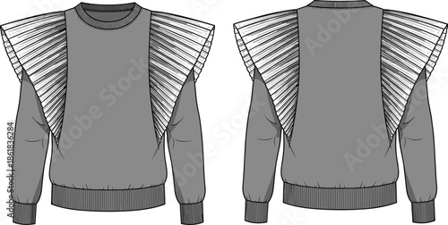 Modern pleated shoulder sweatshirt vector illustration showing front and back views with long sleeves, ribbed cuffs, fashion technical drawing