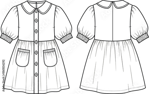 Cute girls dress vector illustration showing front and back views with button closure, puff sleeves, pockets, fashion technical drawing