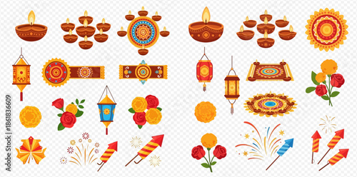 Diwali festival elements set with traditional oil lamps, lanterns, flowers, and firecrackers for celebration.