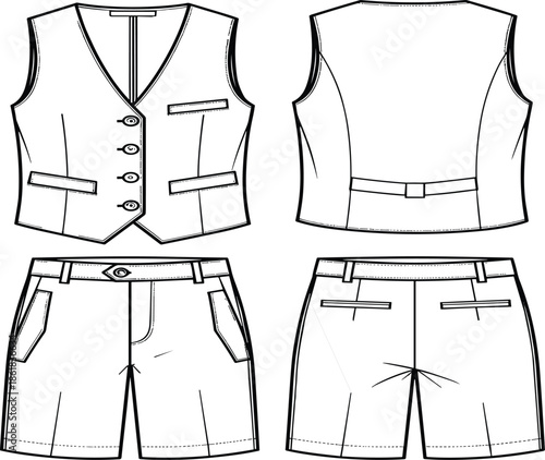 Women tailored vest and shorts set vector illustration showing front and back views, fashion technical drawing apparel design template