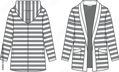 Striped hooded cardigan vector illustration showing front back views with pockets open style women fashion technical drawing apparel design template