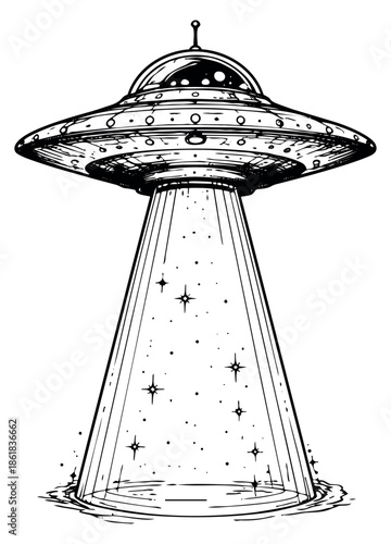 Hand drawn line art illustration of a flying saucer depicting an alien abduction beam for science fiction and mystery concepts