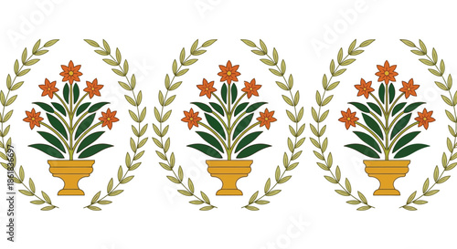 A beautiful illustration of three flower pots with orange flowers and green leaves