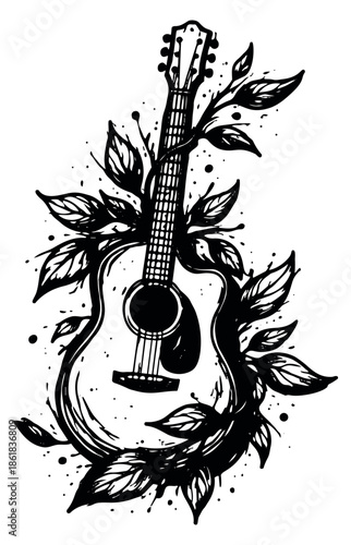 Hand drawn illustration of an acoustic guitar depicting organic natural growth for music and nature themes