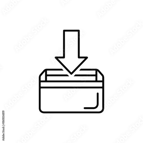 A simple black line icon of a wallet with an arrow pointing down into it on a white background, conveying a minimalist UI or UX core icon design.